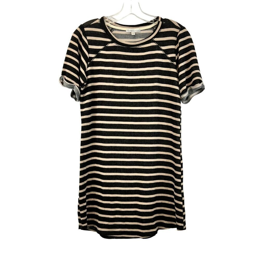 Moa Moa Mini T-Shirt Dress Black/Beige Striped Size Small Cuffed Sleeve